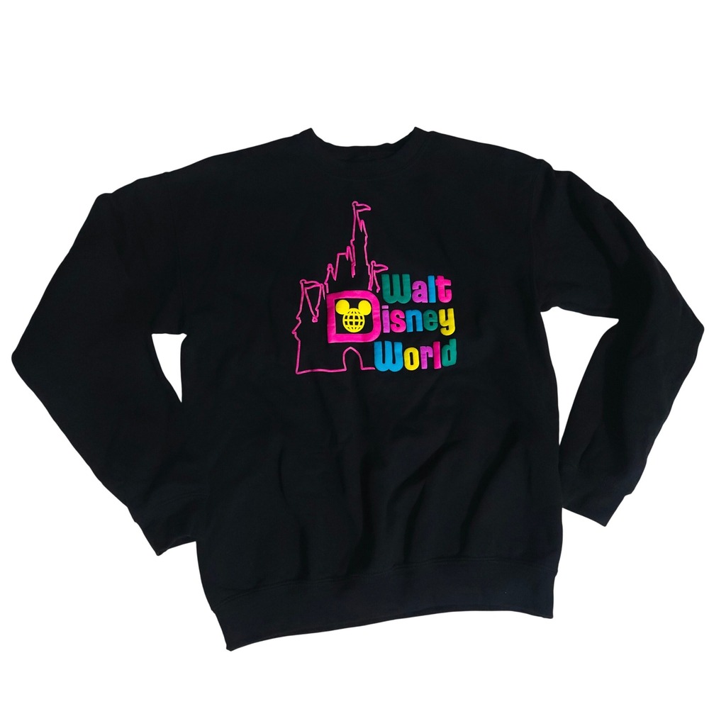 Disney World Black Crewneck Sweatshirt Neon Puff Print Castle Logo Mens Womens